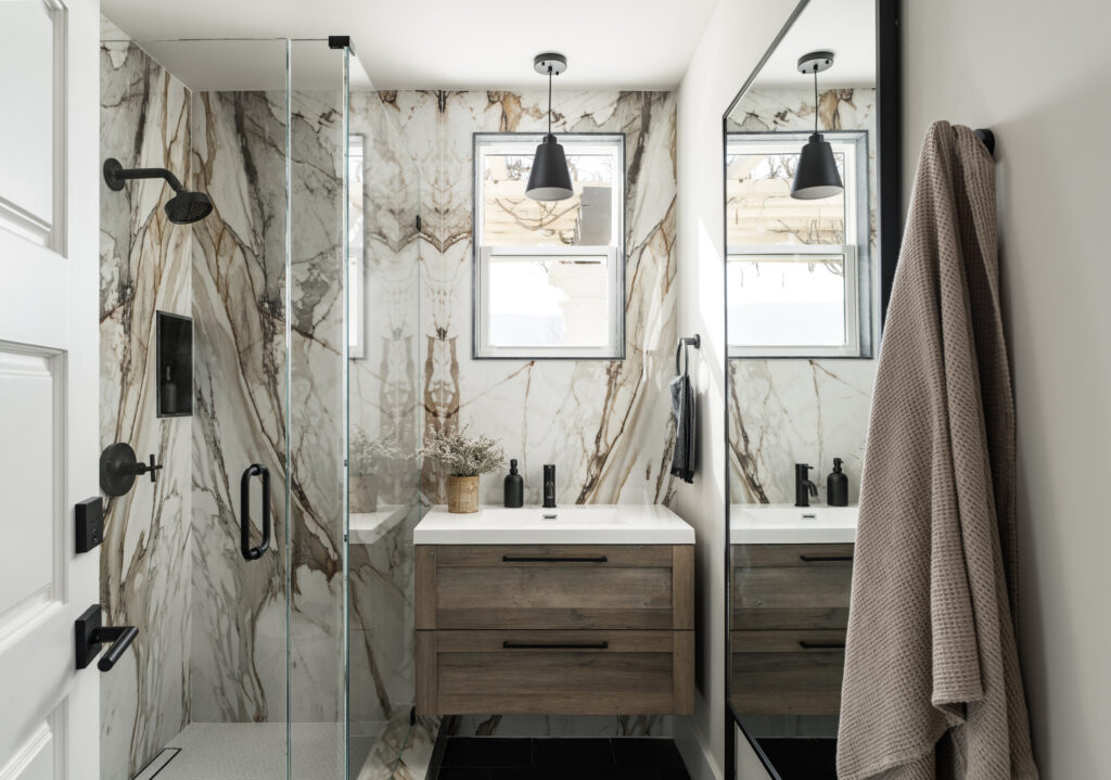 Contemporary stone slab bathroom in Santa Ynez luxury home