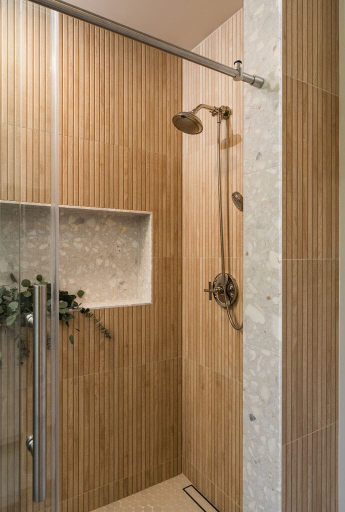 faux wood paneled shower in kids bahtroom for a Santa Ynez home