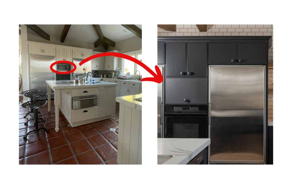 A before and after of a luxury kitchen where a cabinet door was added to conceal the microwave.